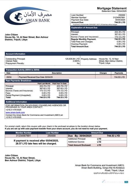 Libya Aman Bank for Commerce and Investment (ABCI) mortgage statement Word and PDF template